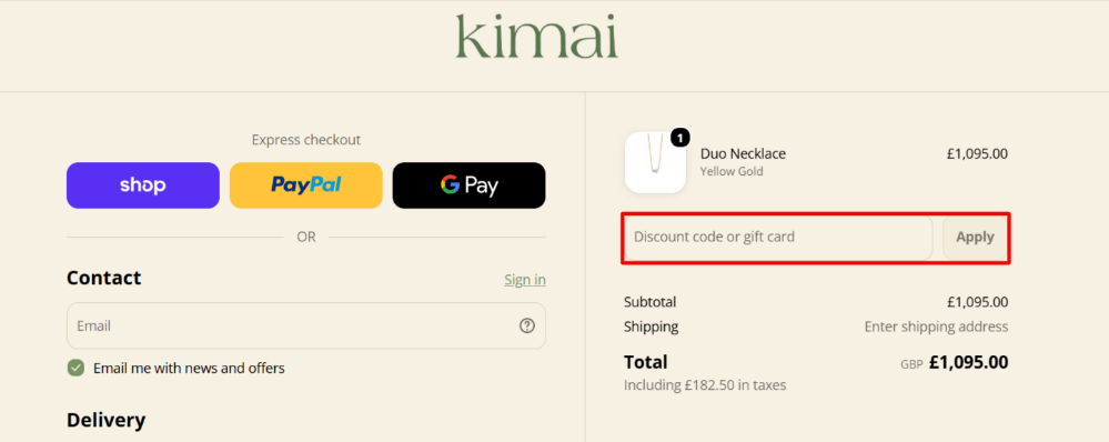 Pasting a Kimai discount code on the checkout page