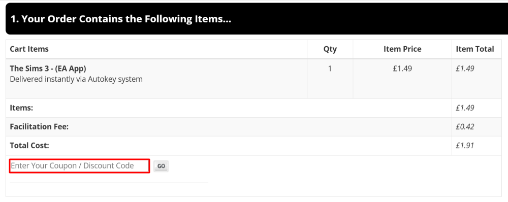 The CJS CD KEYS checkout page with where to paste the CJS CD KEYS voucher code in a red box