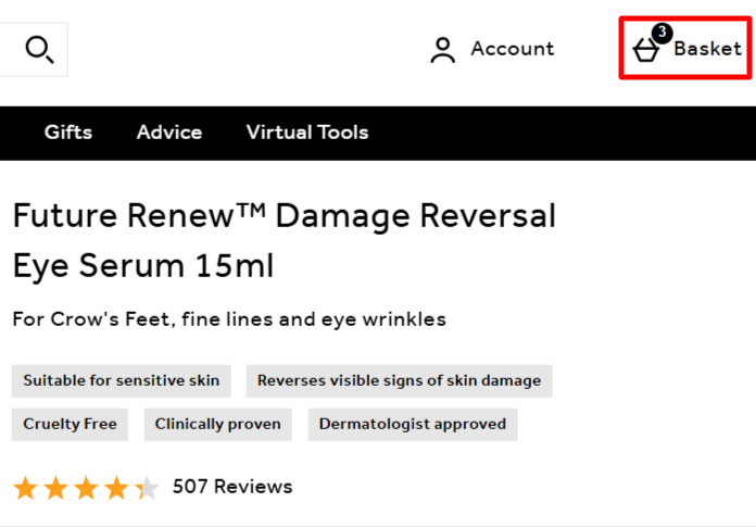 The No7 website showing the details of a serum and the basket icon highlighted with a red box