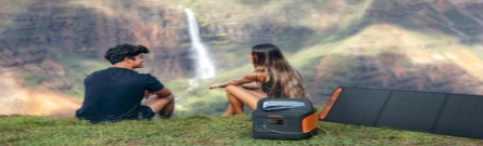 friends relaxing near a waterfall using Jackery product