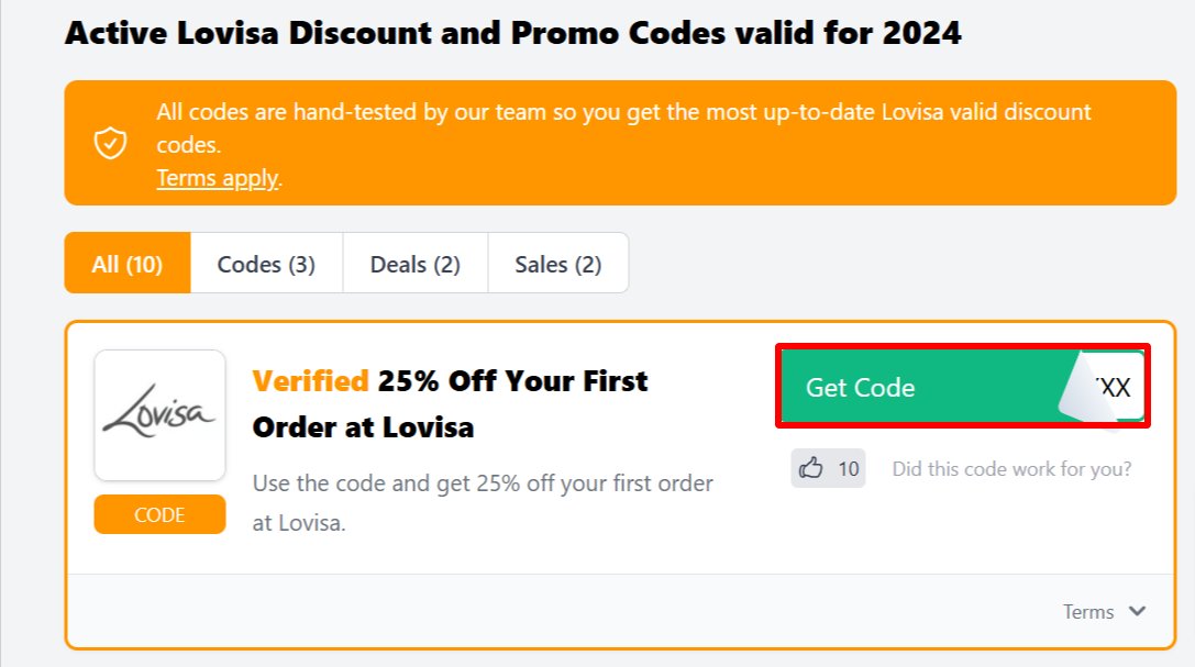The Love Discount Vouchers page showing popular Lovisa offers and discount codes