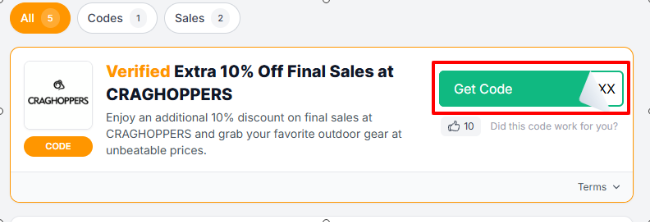 an example of a code button to reveal the unique code to shop with