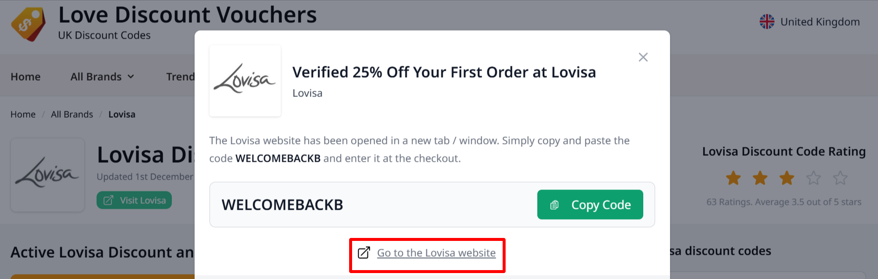 The page showing the link that automatically takes you to the Lovisa website