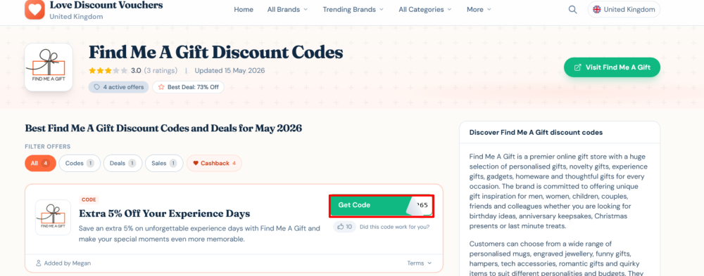 Find Me A Gift Love Discount Vouchers page where a code is copied