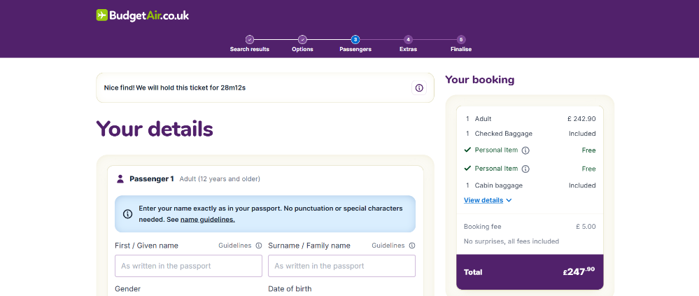 Athe customer detail page on BudgetAir