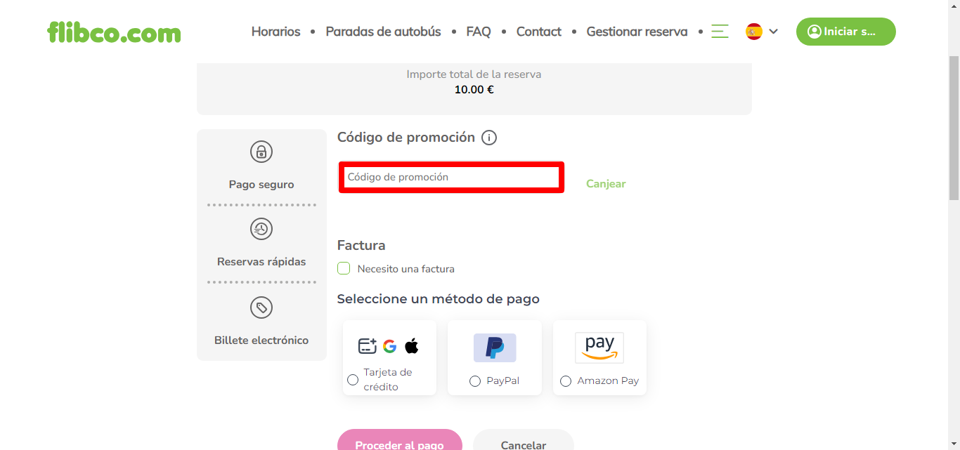 cuadro con la barra para aplicar el código de promoción