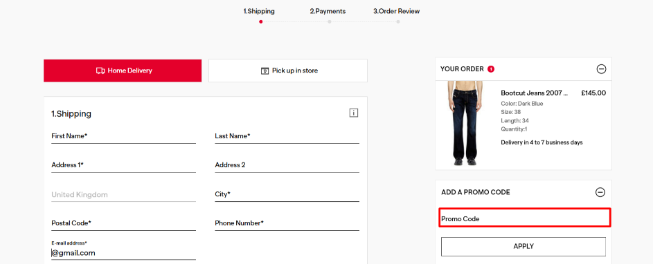 The Diesel checkout page and the discount code box highlighted with a red box where you can paste your promo code