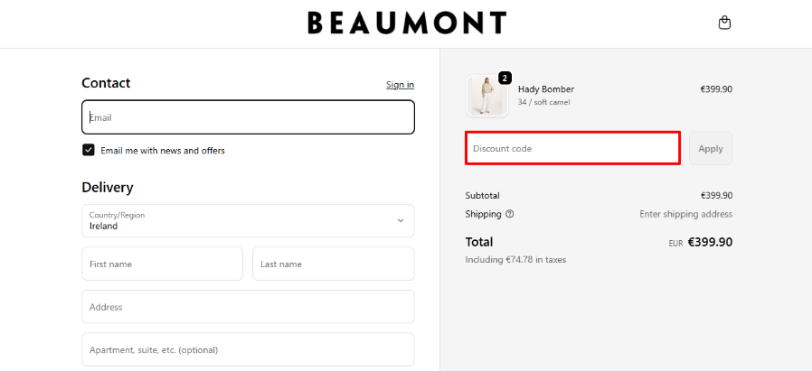 Beaumont promo code box highlighted by a red box