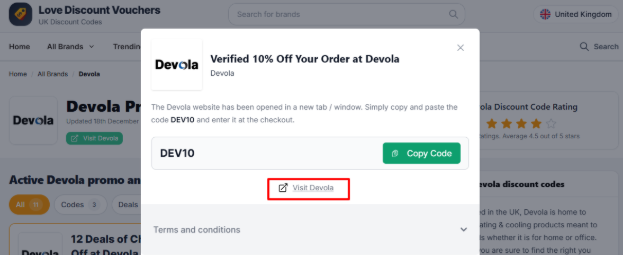The highlighted red box shows the link to the Devola website