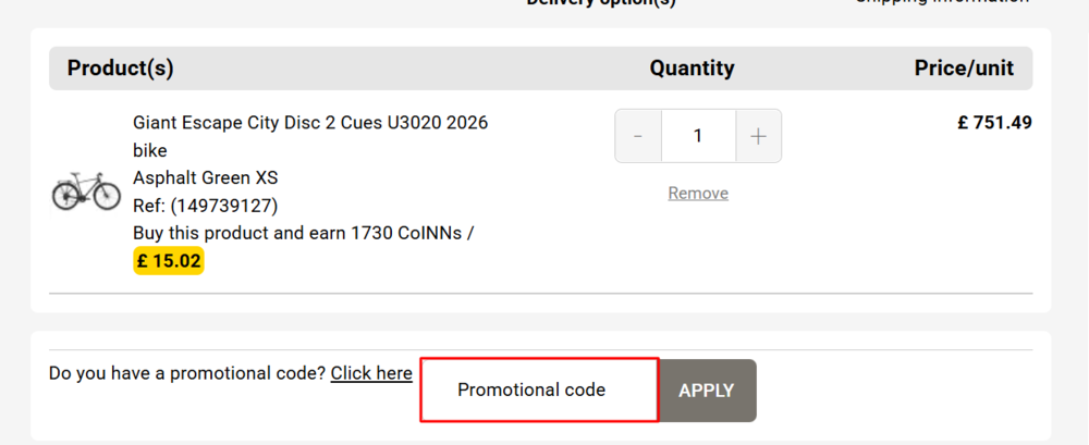The Bikeinn shoppin gbasket page with where to paste the Bikeinn discount code in a red box