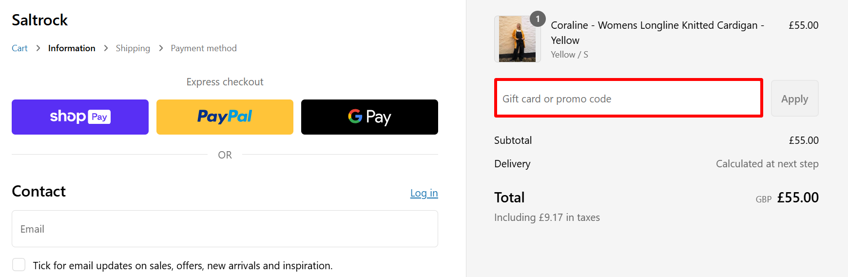 The checkout page showing where to apply your Saltrock voucher code
