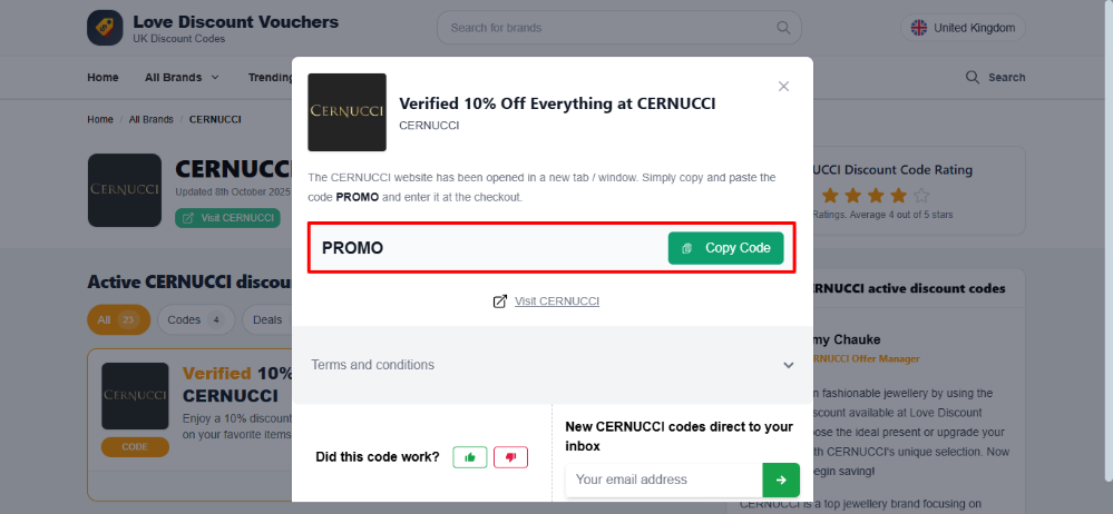 Love Discount Vouchers CERNUCCI discount code highlighted by a red box