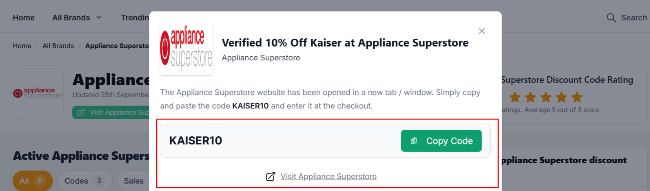 The highlighted red box shows the link that takes you to the Appliance Superstore website