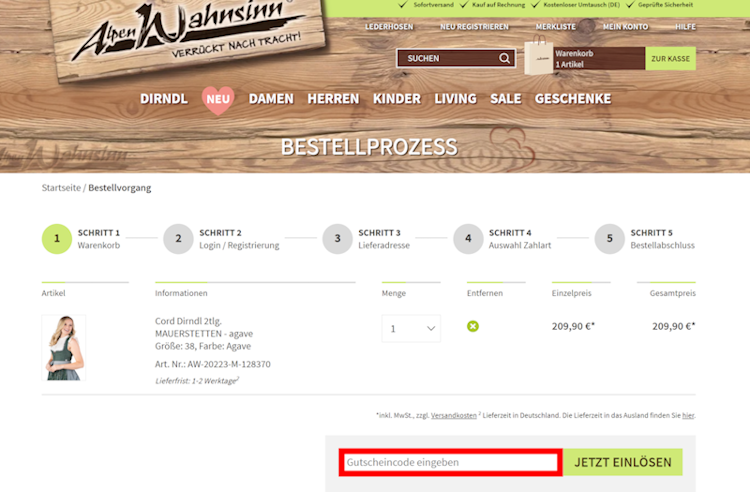 Warenkorb von Alpenwahnsinn mit rotmarkieter Stelle für einen Rabattcode