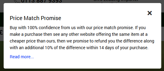 The Price Match information banner from the Artificial Grass GB website.