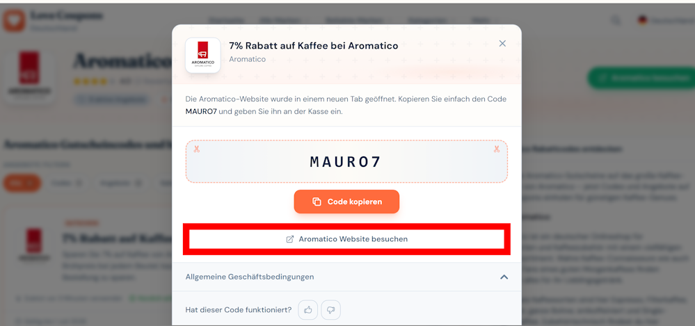 Ein offener Rabattcode für Aromatico mit rotmarkiertem Link