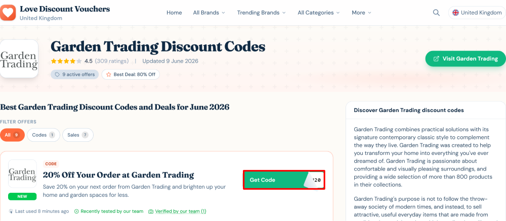 Garden Trading page on Love Discount Vouchers where you copy the code highlighted in the red box.