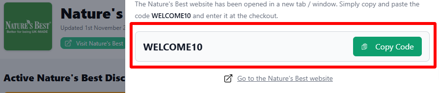 highlighted red box where customers can enter their Nature's Best discount code