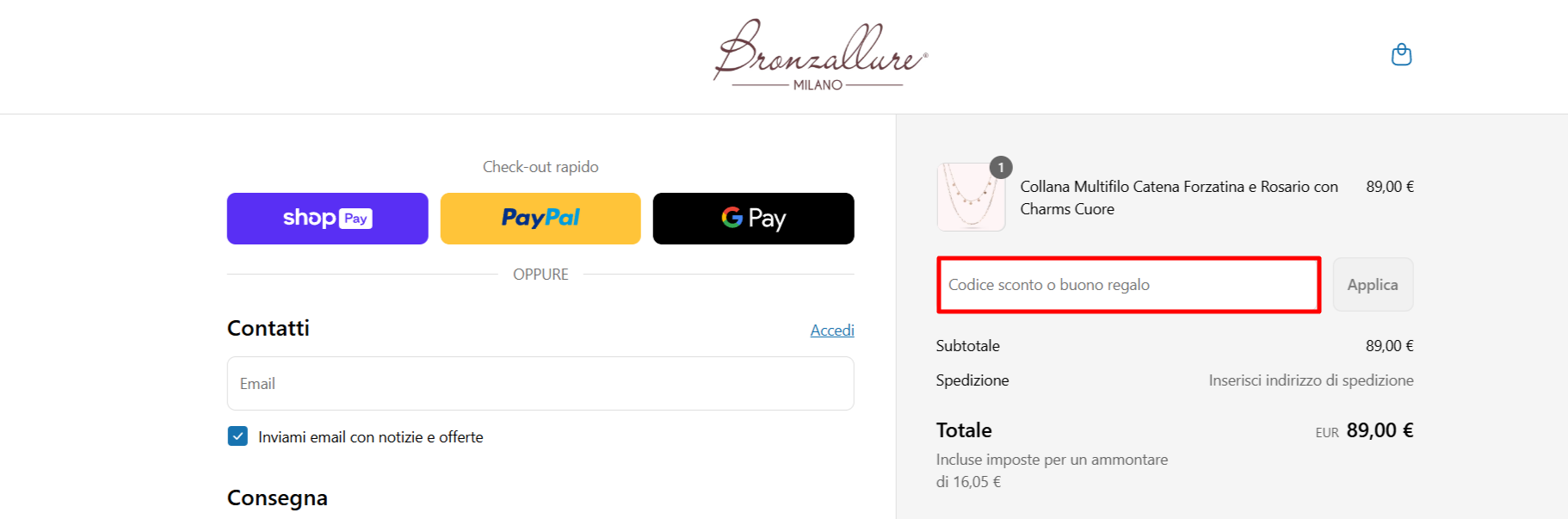 carrello virtuale del sito Bronzallure dove poter incollare il codice nell'apposito spazio ed abbassare il prezzo totale