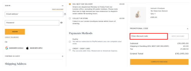 A box where you enter an Annoushka discount code