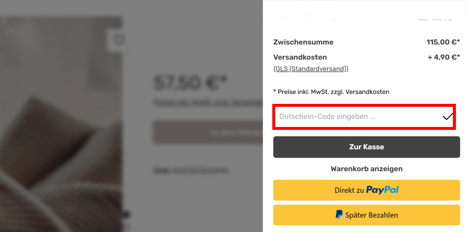 Warenkorb von Hobea mit einem rotmarkiertem Eingabfeld für den Gutscheincode