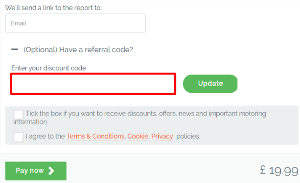 A box where you can add your HPI Check voucher code to redeem it