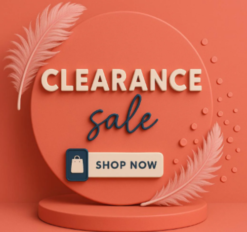A peach background with a large circle and two feathers written "clearance"
