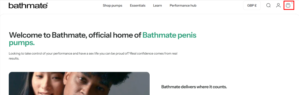 The Bathmate website and the shopping categories, with the shopping bag highlighted with a red box