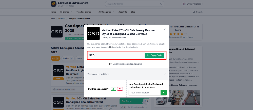 A Consigned Sealed Delivered code on Love Discount Vouchers ready to copy