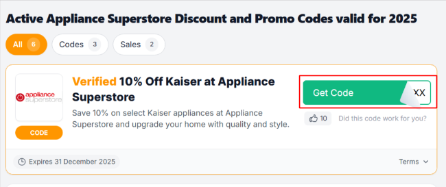 The Love Discount Vouchers page shows Appliance Superstore UK promo codes and offers to use on your purchase