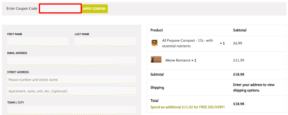 The Coco & Coir checkout page with where to paste the Coco & Coir voucher code in a red box