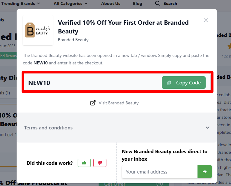 Copy your code and visit Branded Beauty to start shopping