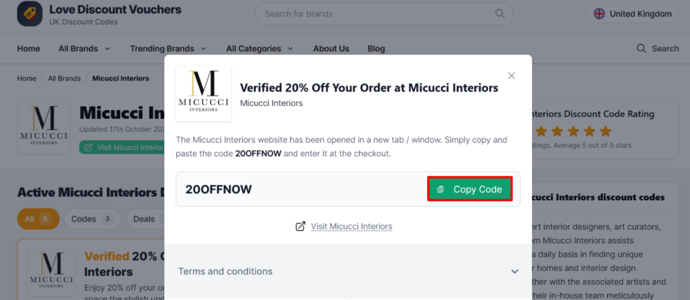 The page where you copy a Micucci Interiors code
