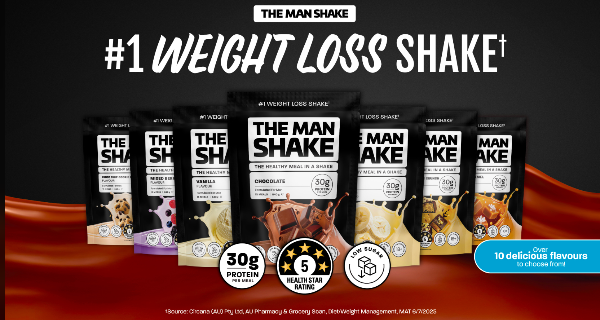 The Man Shake products on display with text that promotes weight losss