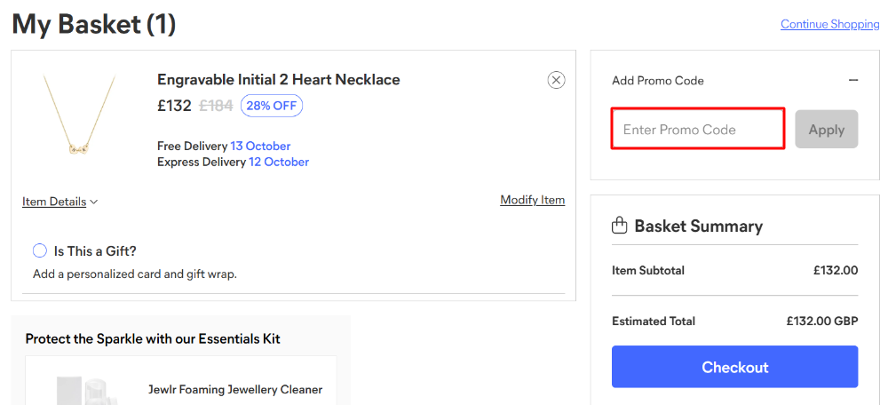 The Jewlr shopping basket page with where to paste the Jewlr voucher code in a red box
