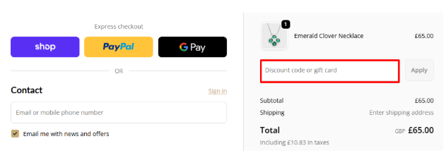 A box where you can add your Fiyah Jewellery voucher code to redeem it
