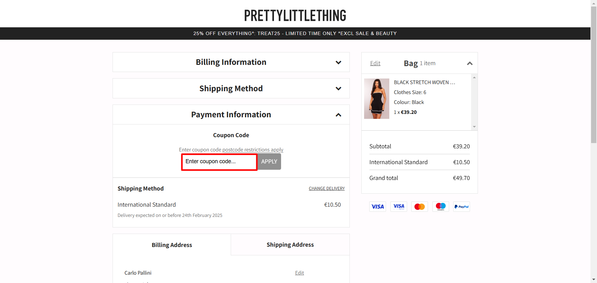 carrello del sito ufficiale PrettyLittleThing dove poter inserire il coupon PrettyLittleThing nell'apposito spazio