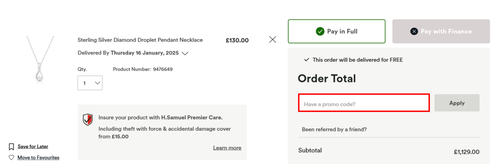 H.Samuel checkout page where to add the code
