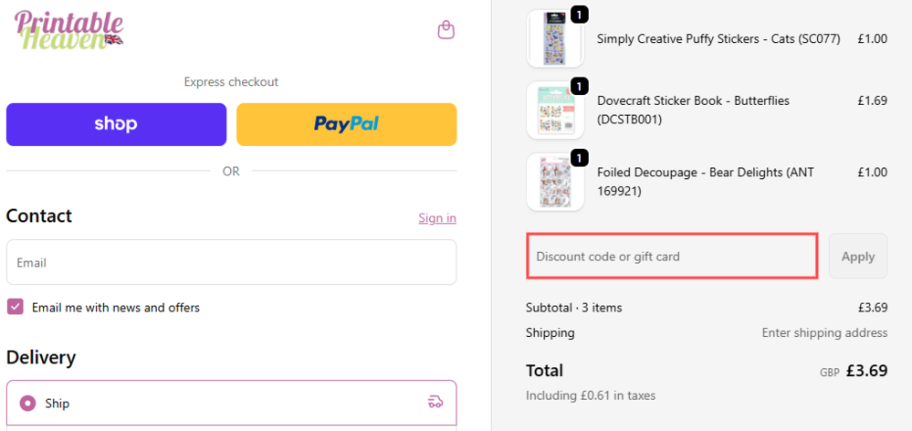 The Printable Heaven checkout page with where to paste the Printable Heaven voucher code in a red box