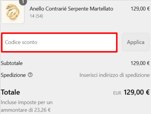carrello del sito ufficiale ETRUSCA dove poter inserire il codice sconto ETRUSCA
