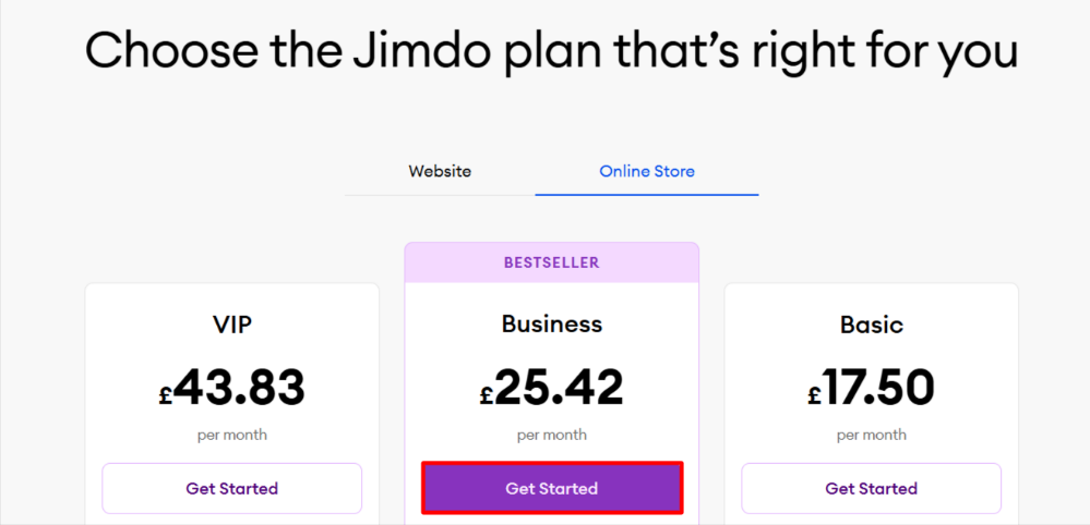 Choosing a business plan from the different plans on the Jimdo website