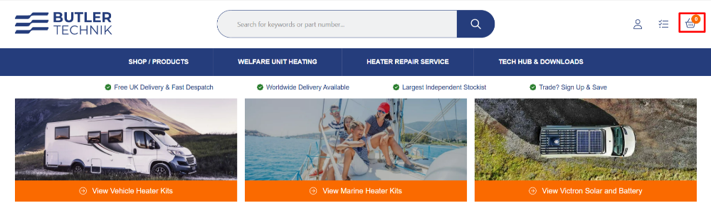 The Butler Technik home page and the different shopping categories, as well as the basket icon highlighted with a red box