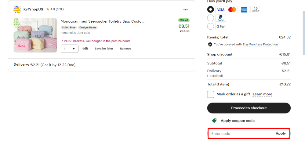 Shopping basket where you apply your Etsy discount code