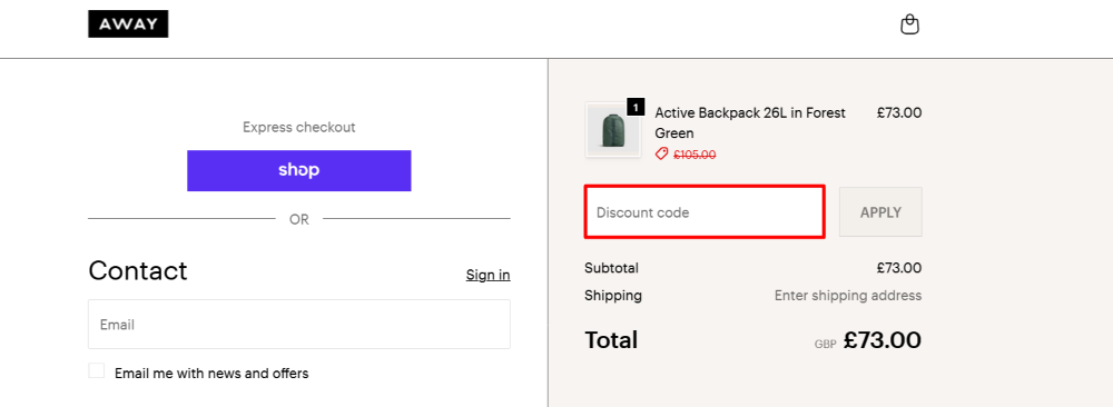 The checkout page shows where to apply your AWAY discount code