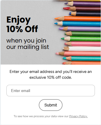 The Quickdraw Supplies newsletter sign up page