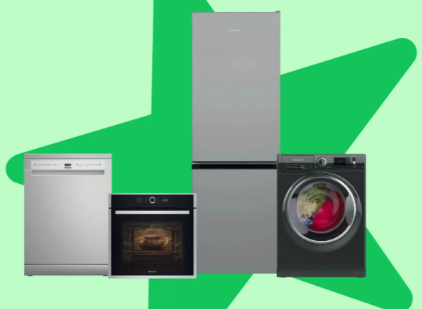 A dishwasher, stove,fridge, and washing machine on a green and grey background