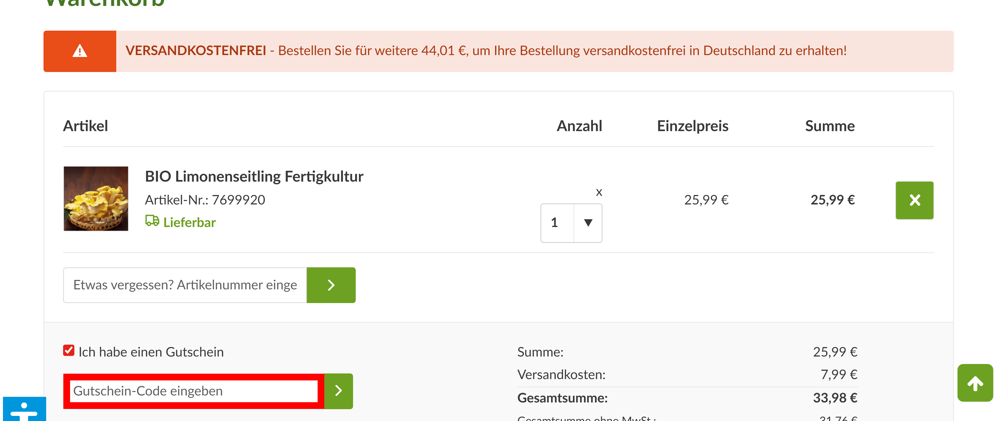 Warenkorb von Ahrens+Sieberz mit rotmarkiertem Eingabefeld für Gutscheine