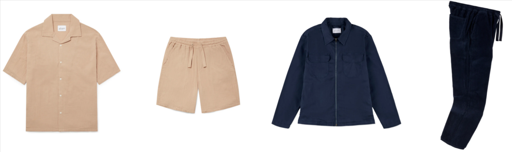 four of Albam clothing in blue and beige, two shirts and trousers