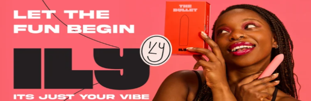A pink vibrator and The Bullet box beside a smiling woman
