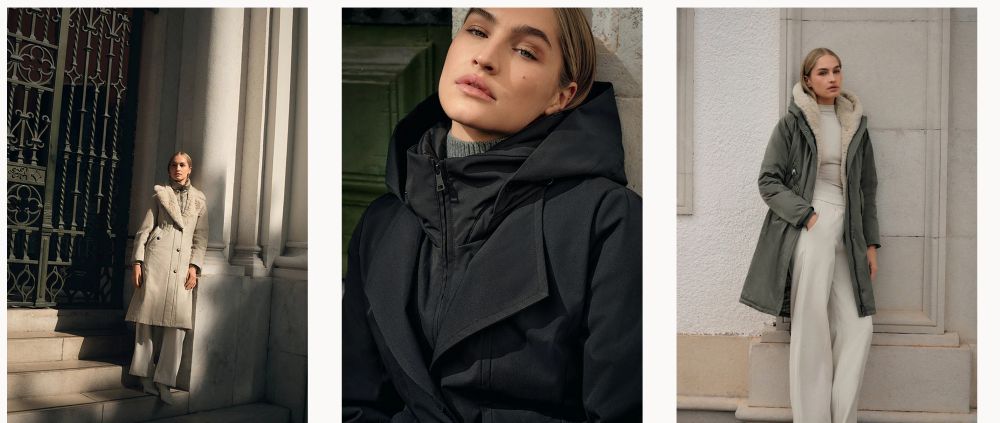 Model in elegant Creenstone winter coats in neutral tones against classic city architecture urban